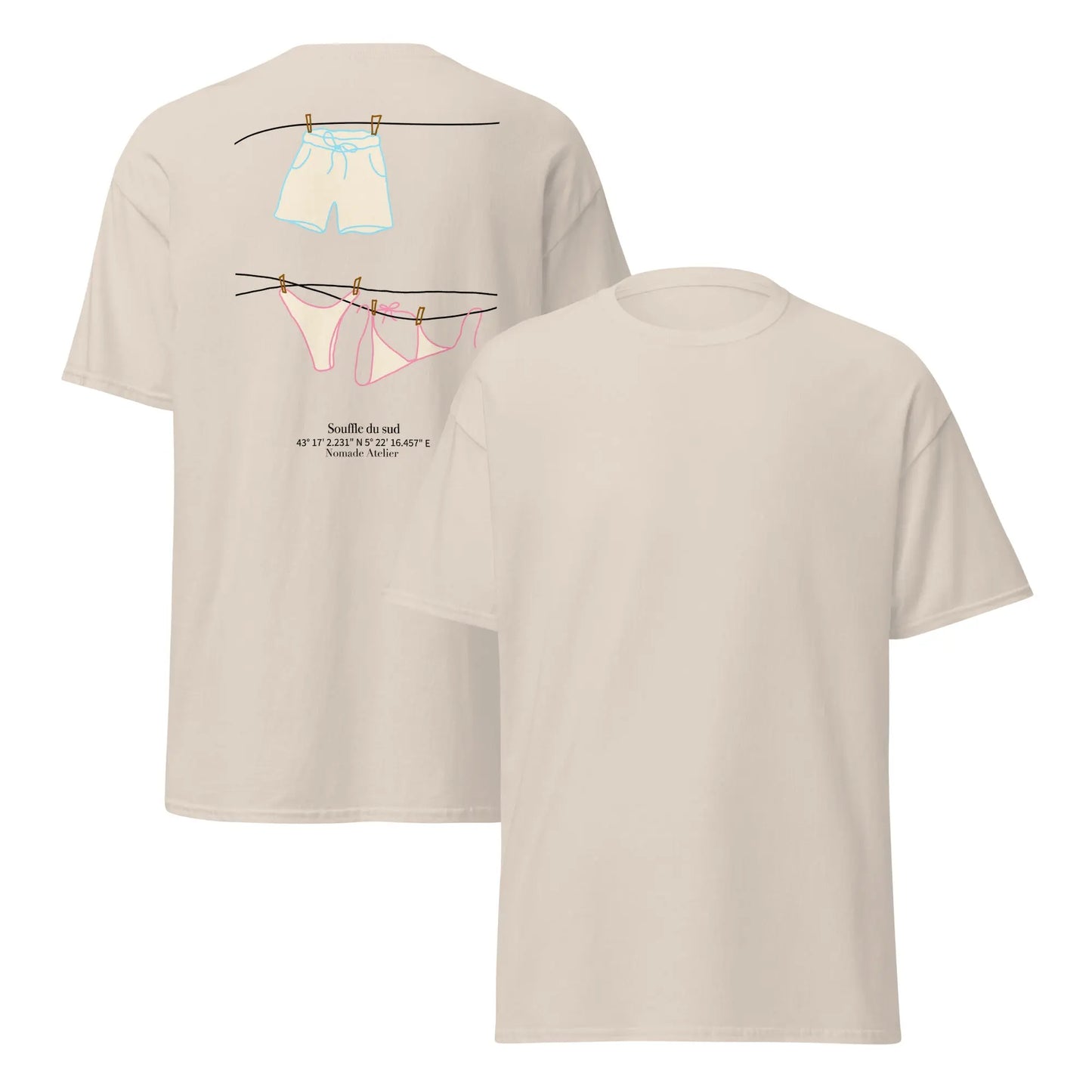 Tee shirt stone avec maillot de bain dessiné et écrit souffle du sud et coordonnées gps