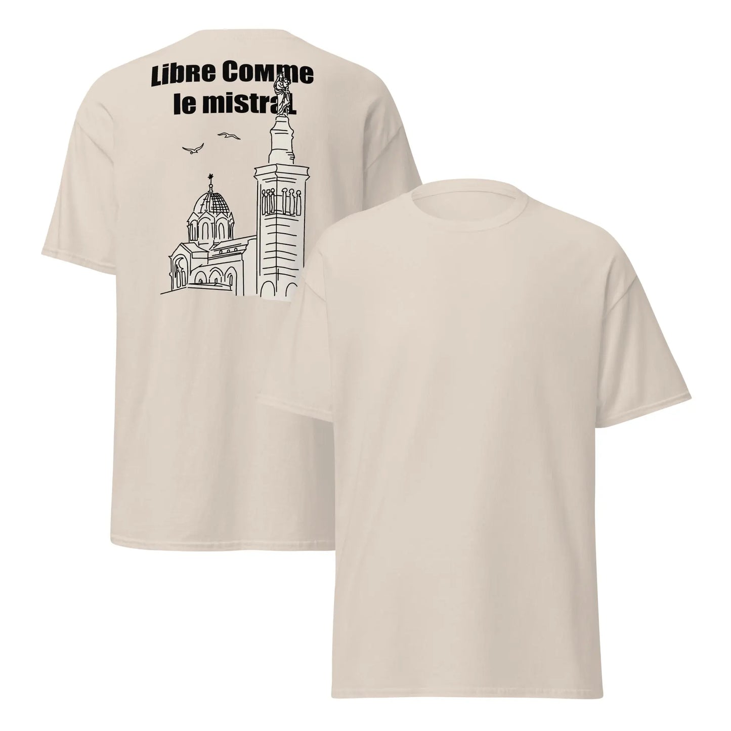 Tee shirt stone avec un dessin de la bonne mère à Marseille, et une écriture en gras: libre comme le mistral 